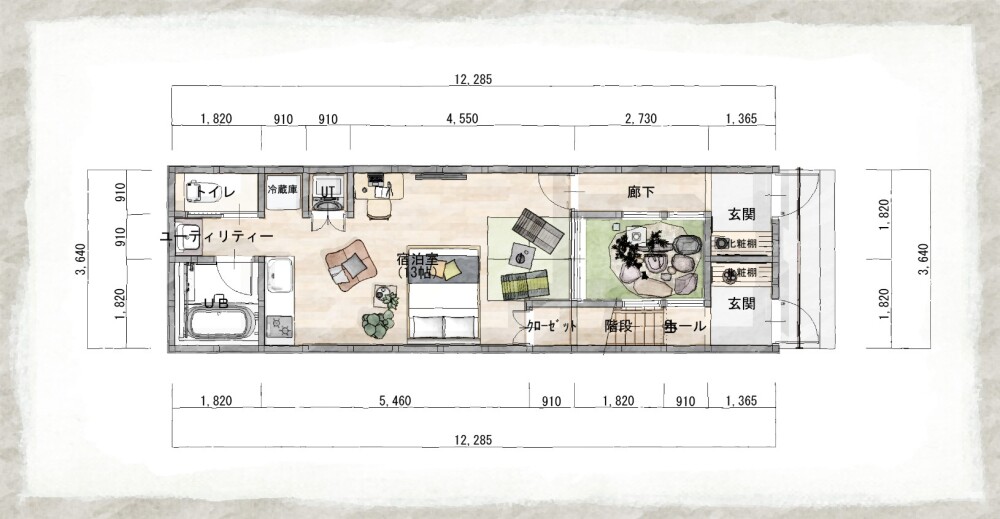 二階建てメゾネット式戸建て民泊平面間取り図提案設計建築家が考える民泊のビジネス展開